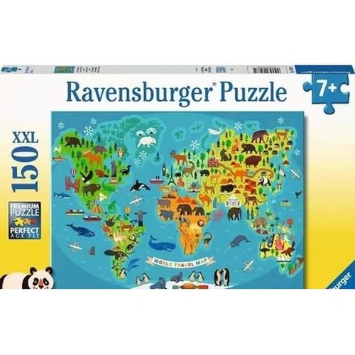 Puzzle 150 Mapa świata dzikich zwierząt XXL