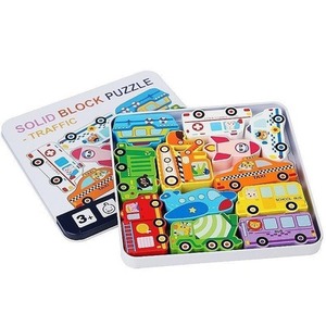 Puzzle drewniane pojazdy w metalowym pudełku